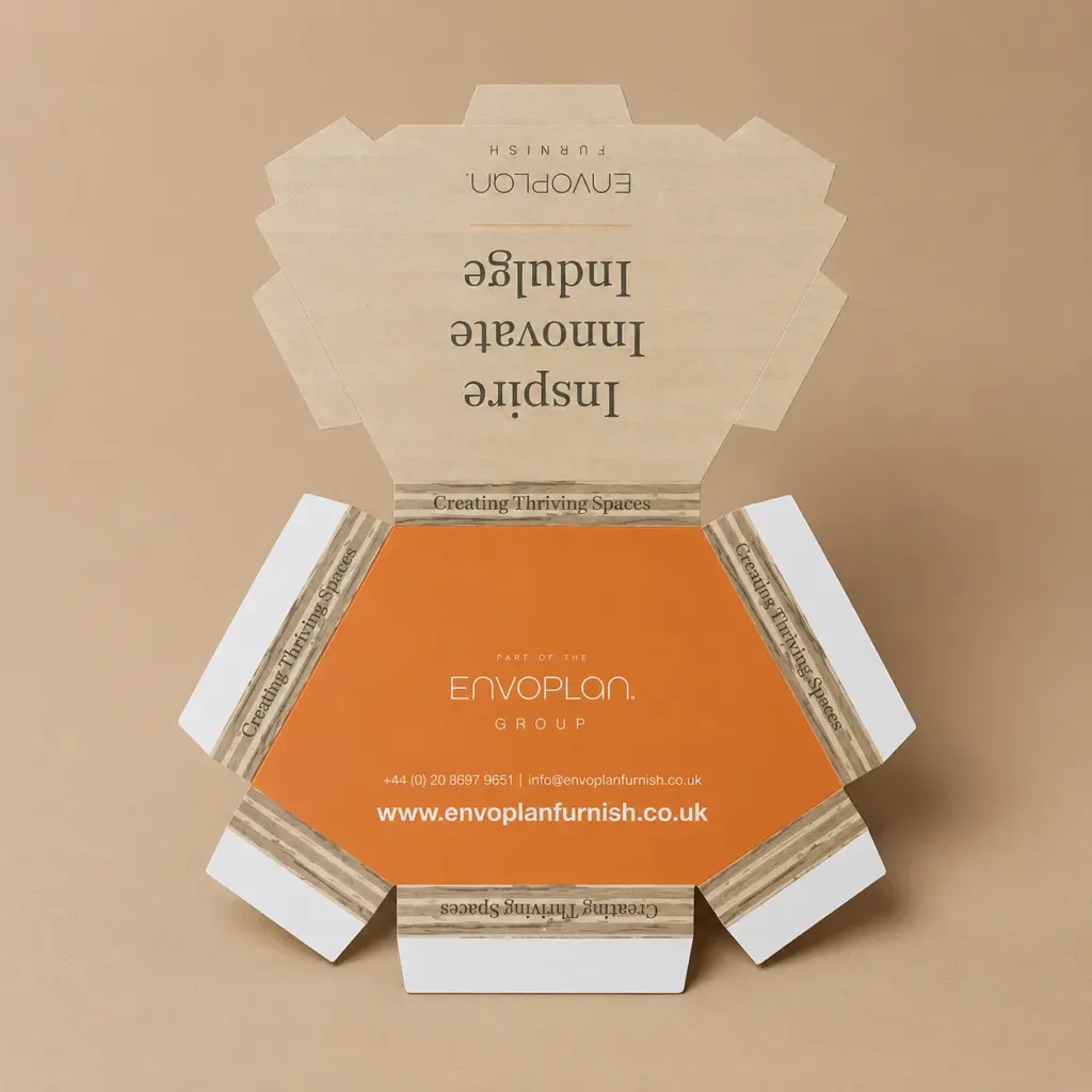 Open printed cardboard folder dieline with custom branding.