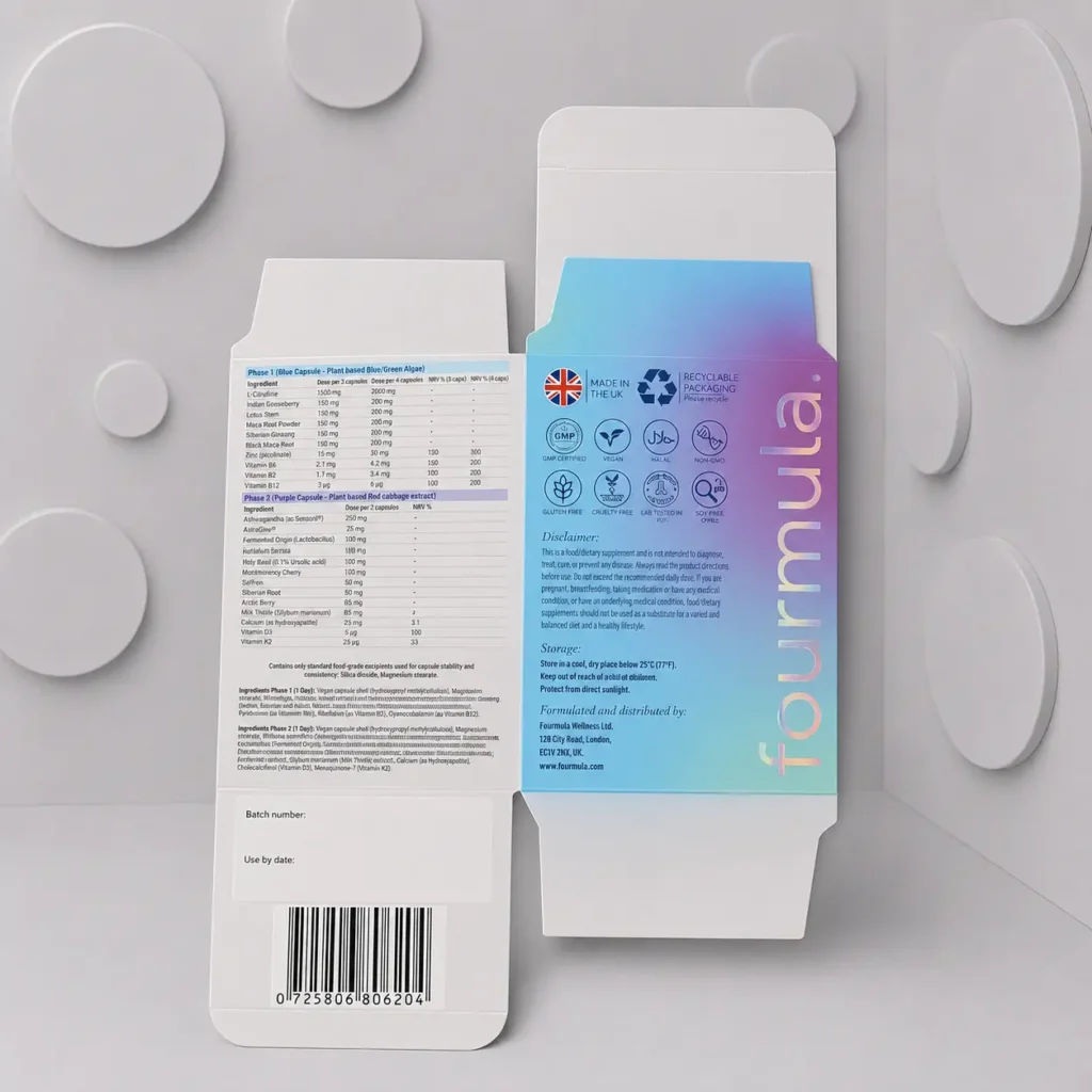 Custom supplement boxes with holographic printing shown flat before assembly