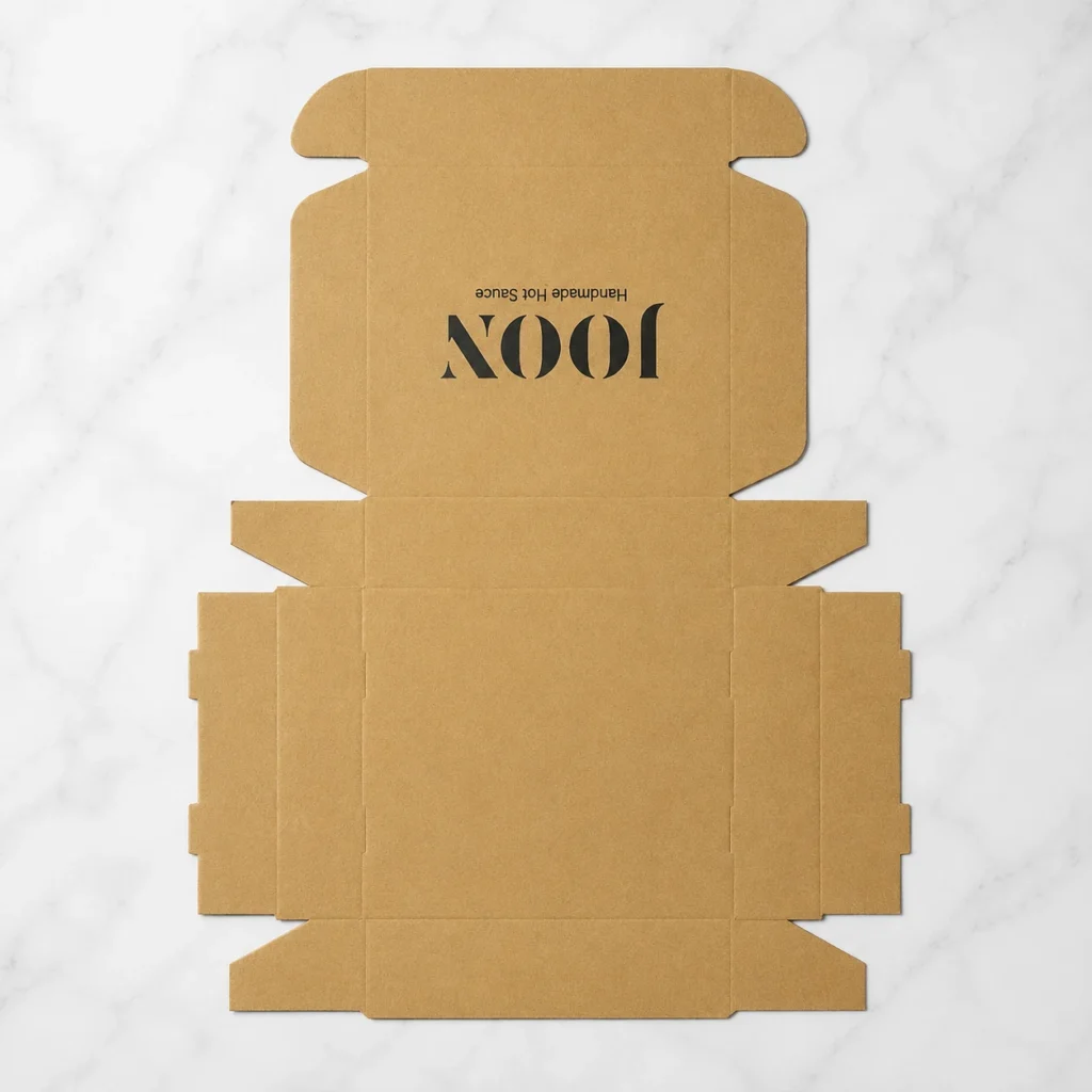 Flat kraft mailer box dieline with logo print.