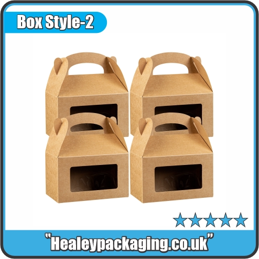 Kraft gable boxes with clear window panel.