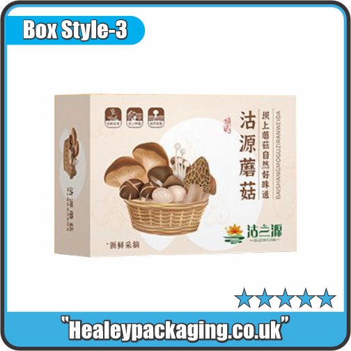 Custom printed mushroom packaging box for retail products.