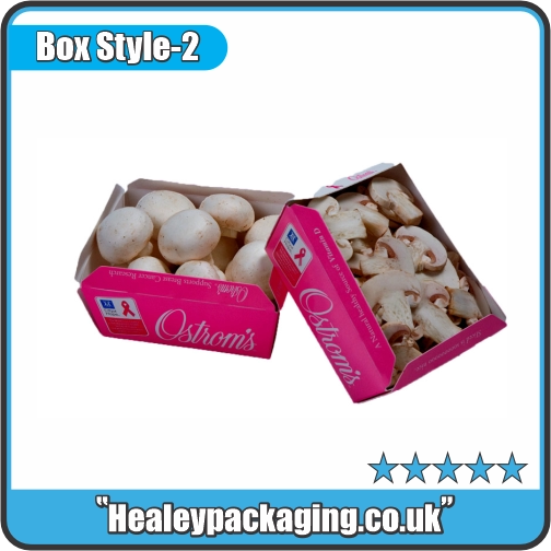 Custom printed produce boxes filled with fresh mushrooms.
