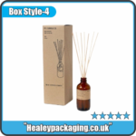 Kraft reed diffuser box displayed with fragrance bottle and reeds.