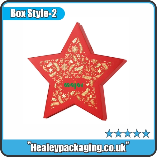 Printed star-shaped gift box with foil design.