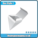 White pyramid packaging box with fold-over lid.
