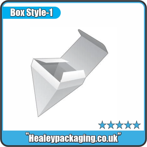 White pyramid packaging box with fold-over lid.