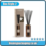 Reed diffuser packaging box with window and fragrance bottle.