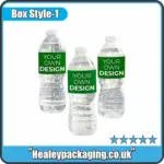 Custom printed labels on clear water bottles.