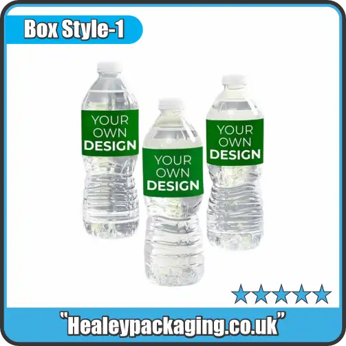 Custom printed labels on clear water bottles.