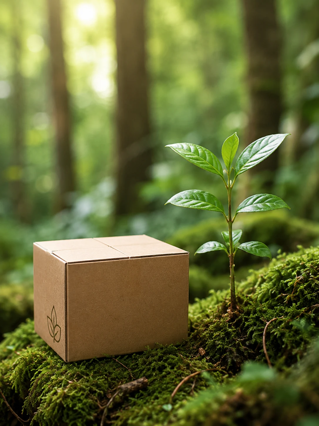 Eco-friendly cardboard packaging beside a young plant