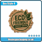 Eco-friendly corrugated die cut sticker with green print.