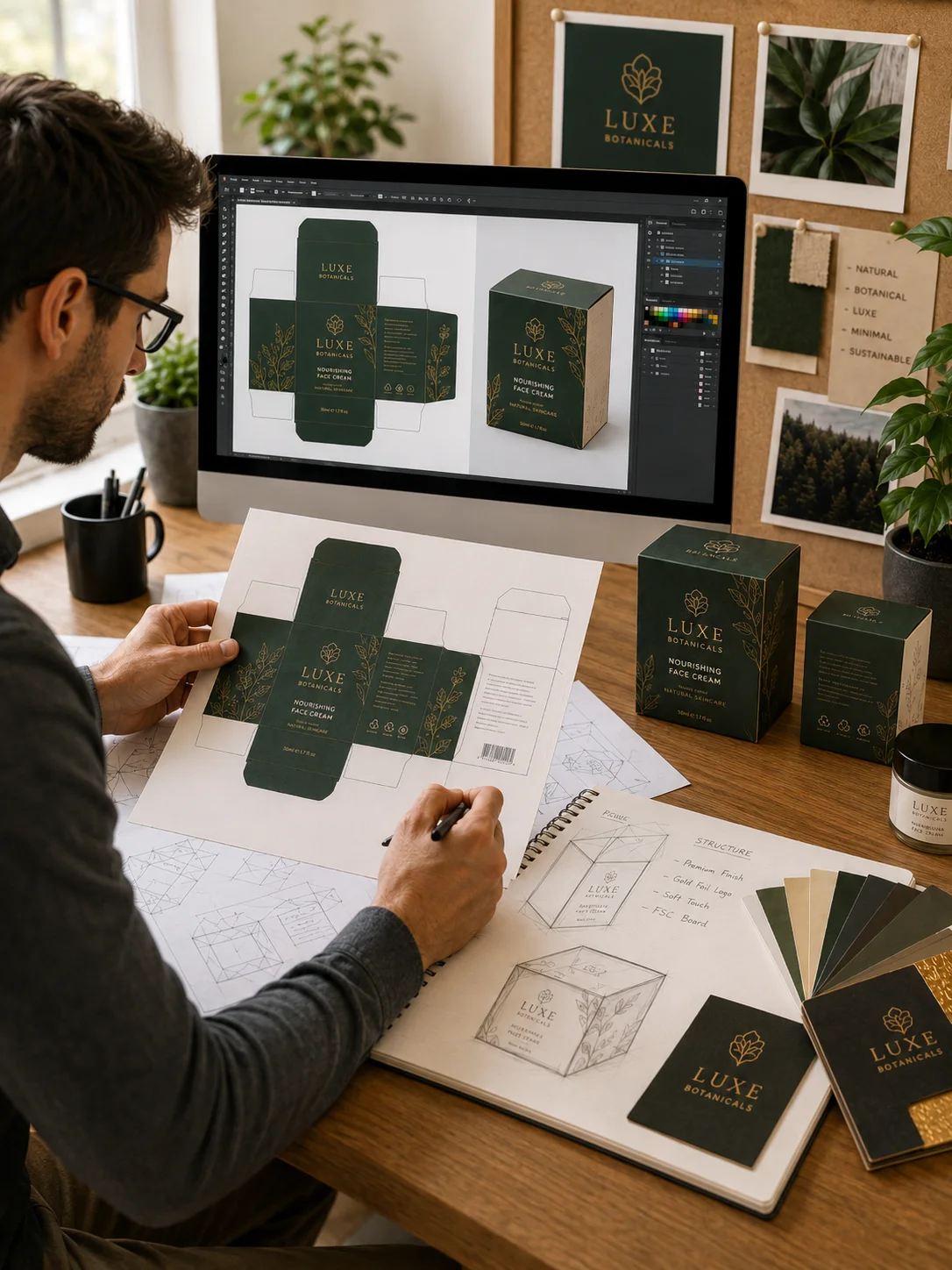 Packaging designer applying brand artwork across a custom box dieline and finished packaging