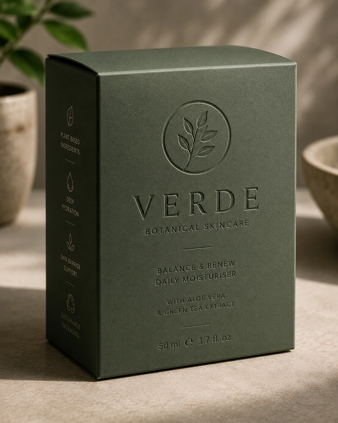 Packaging box with a raised embossed logo