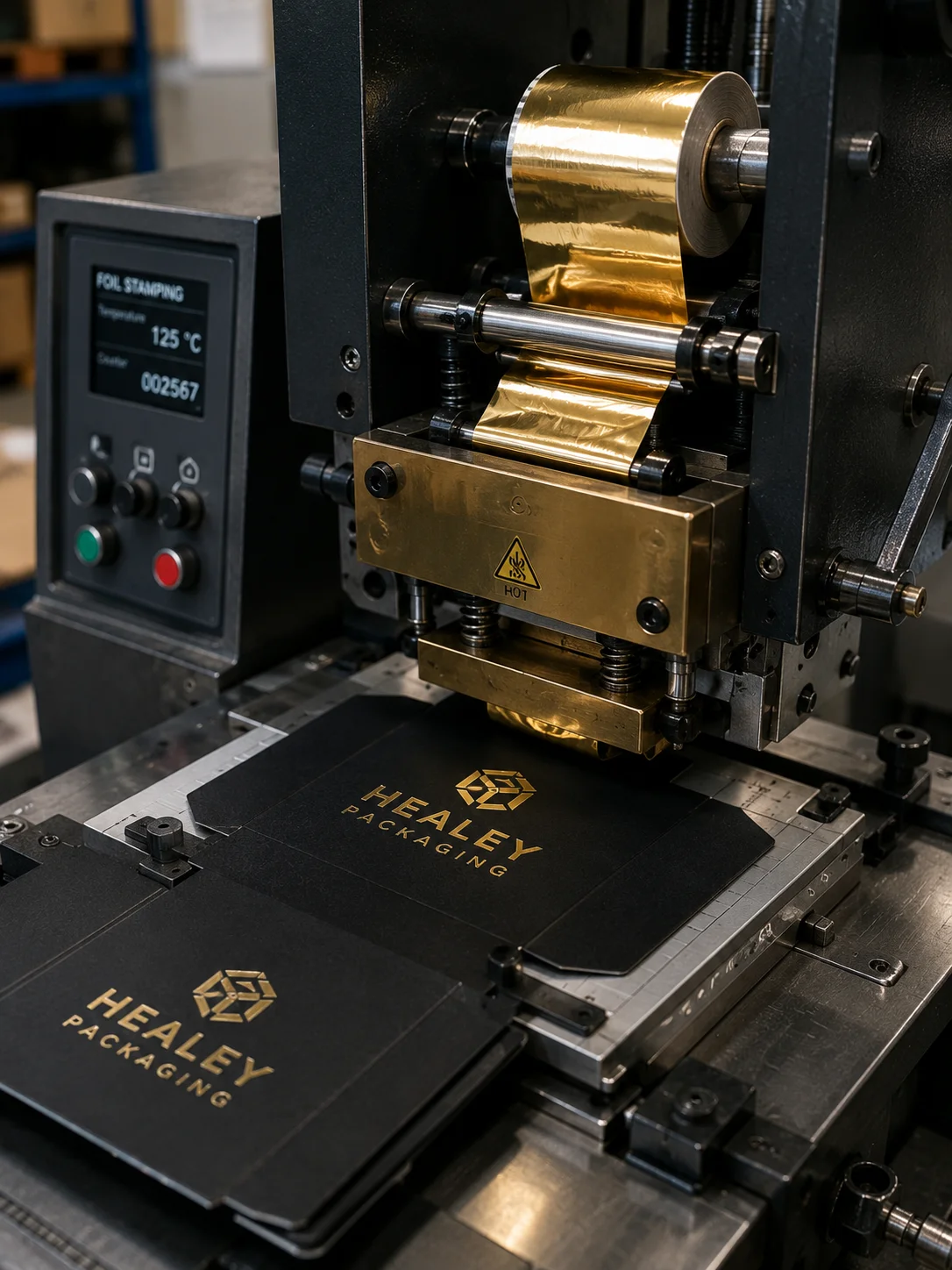Foil stamping and embossing machine applying premium packaging finish