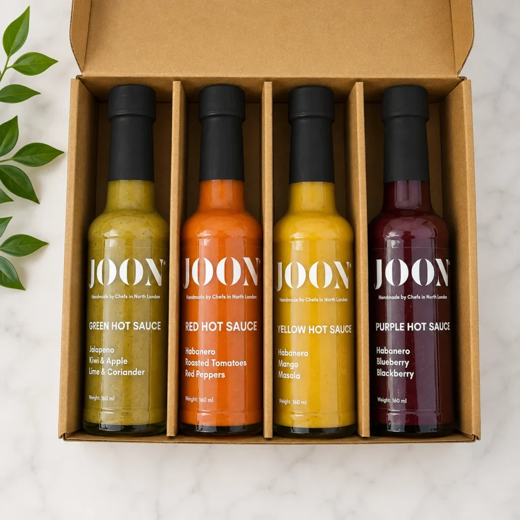 Kraft hot sauce gift box with four bottles and dividers.