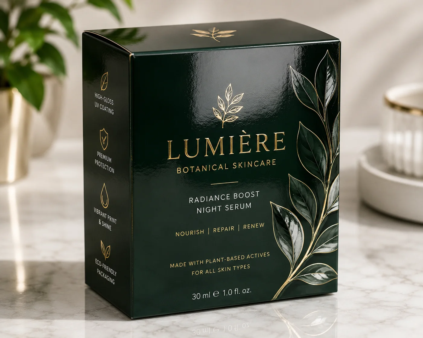 Printed packaging carton with a high-gloss UV coating