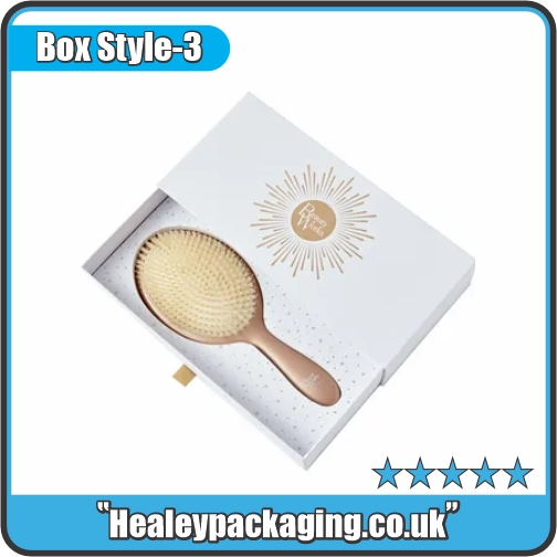 Hair brush sleeve packaging box with custom printed design.