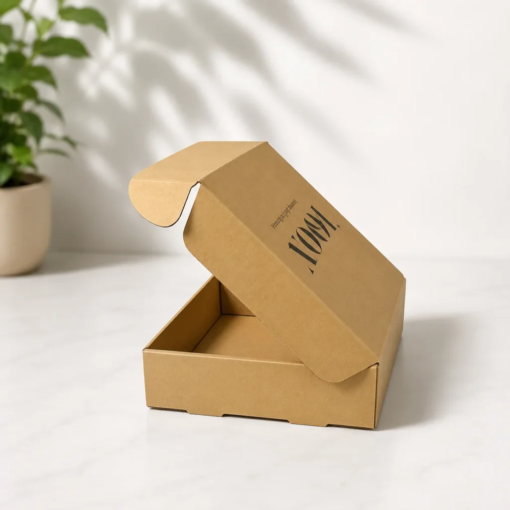 Half open kraft mailer box with custom logo.
