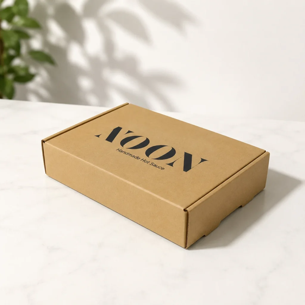 Closed kraft mailer box with custom logo, angled view.