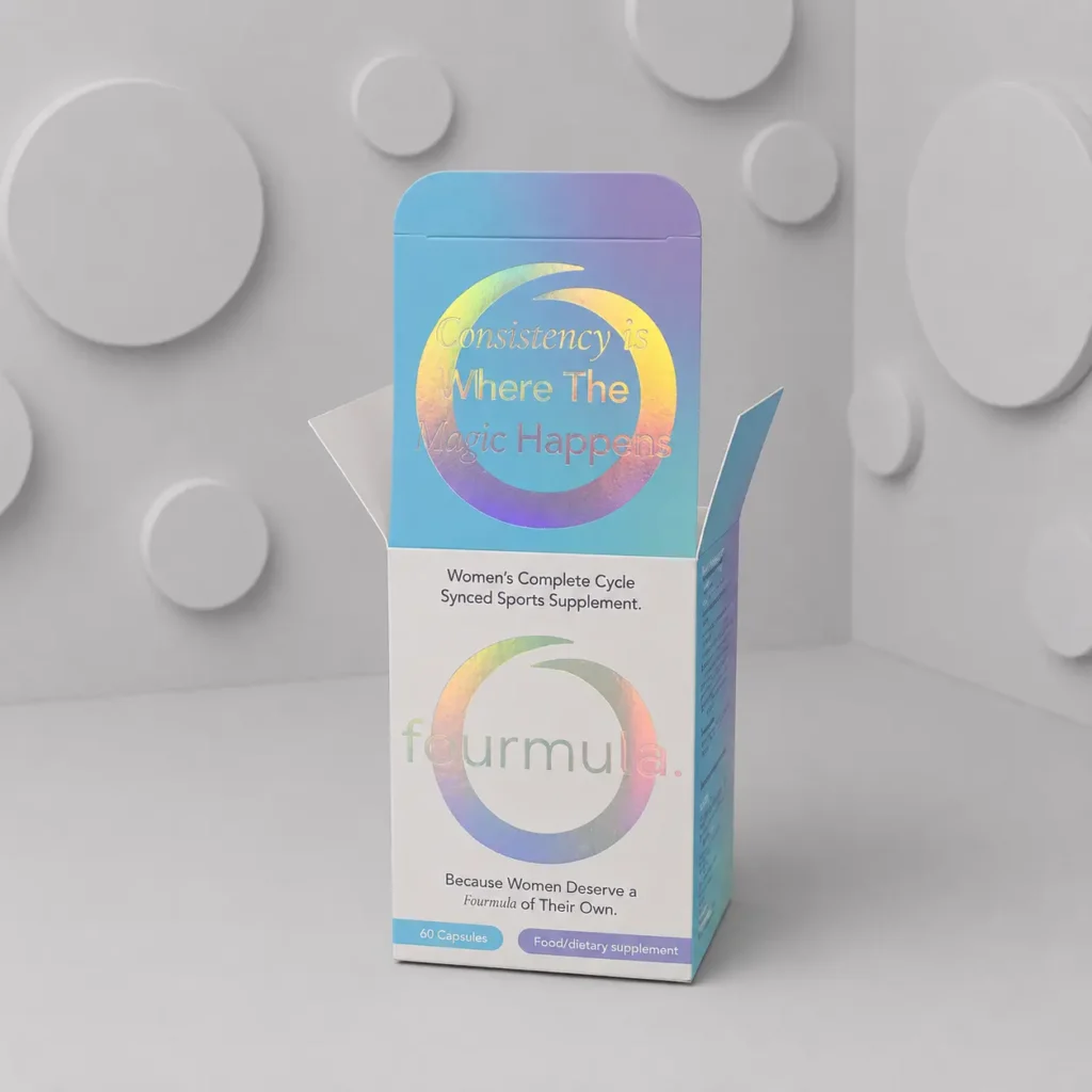 Open custom supplement box with holographic branding and printed folding panels