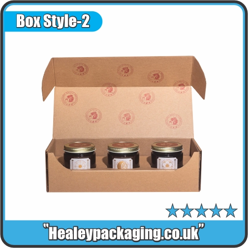 Custom jam jar mailer box with protective insert for glass jars.