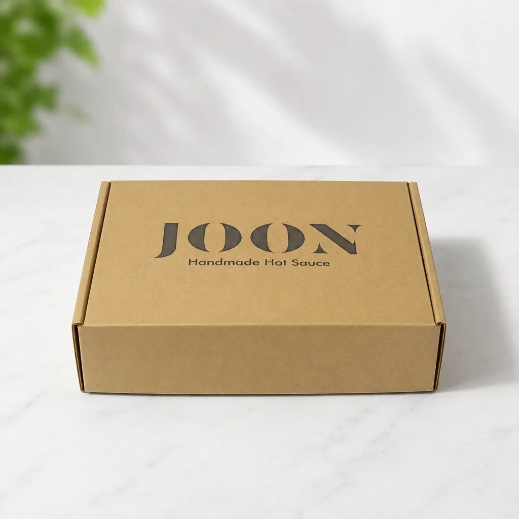 Closed kraft mailer box with custom logo print.