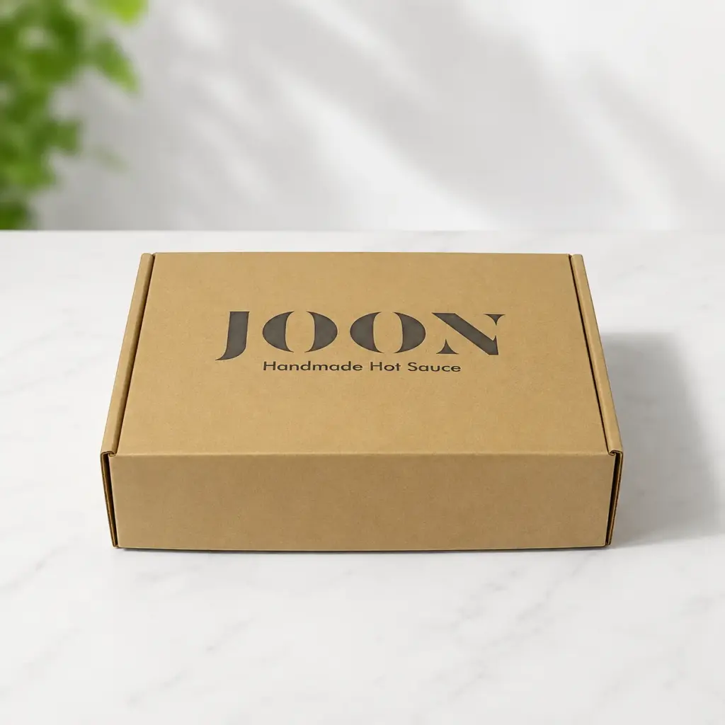 Closed kraft mailer box with custom logo print.