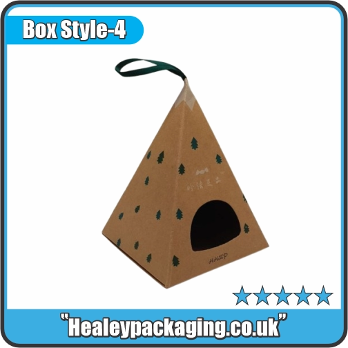 Kraft pyramid gift box with hanging ribbon and die-cut window.