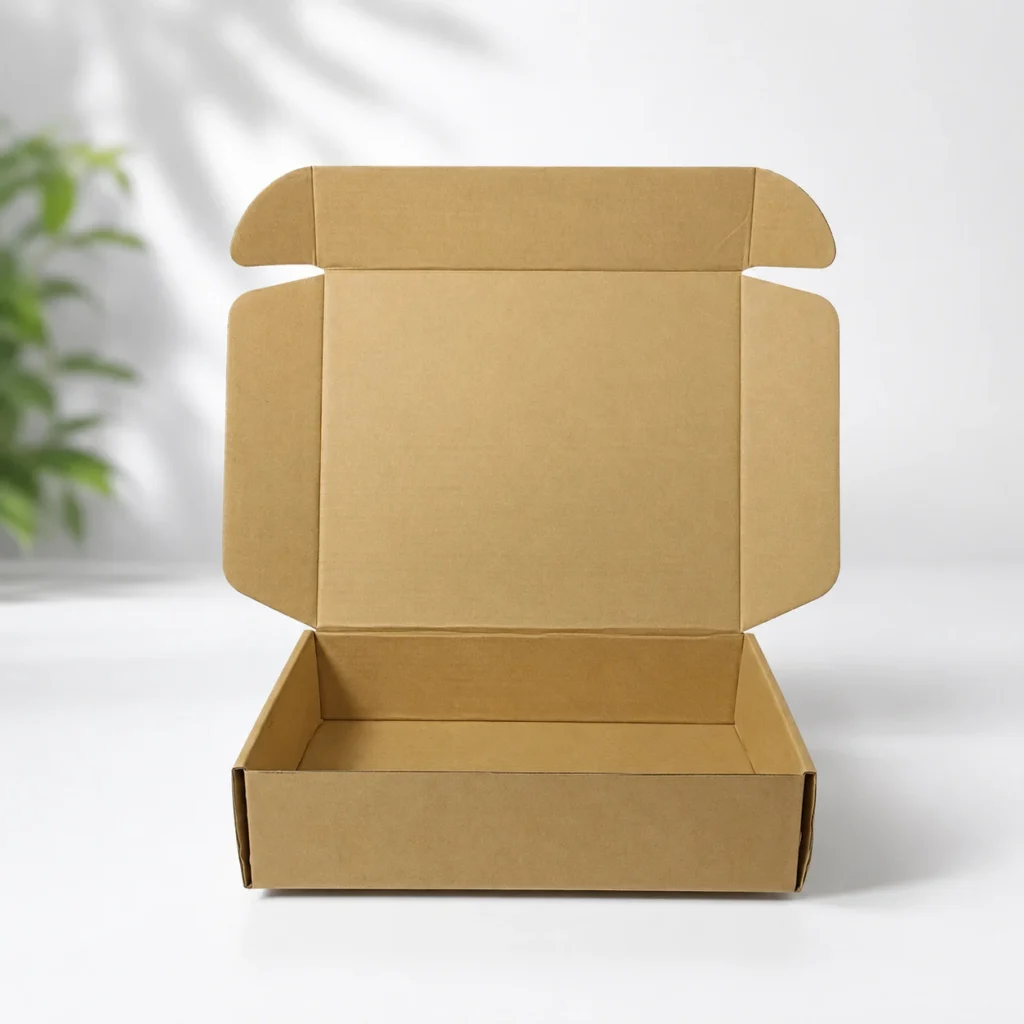 Open empty kraft mailer box ready for packaging.
