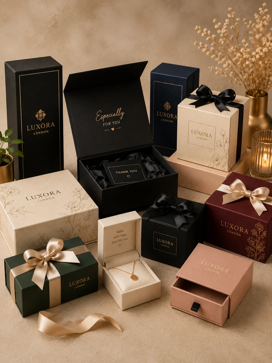 Luxury gift packaging with foil stamping and ribbon closure