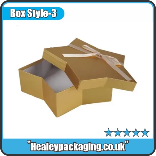 Luxury star-shaped gift box with ribbon lid.
