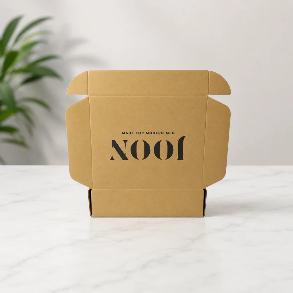 Open kraft mailer box with printed logo.