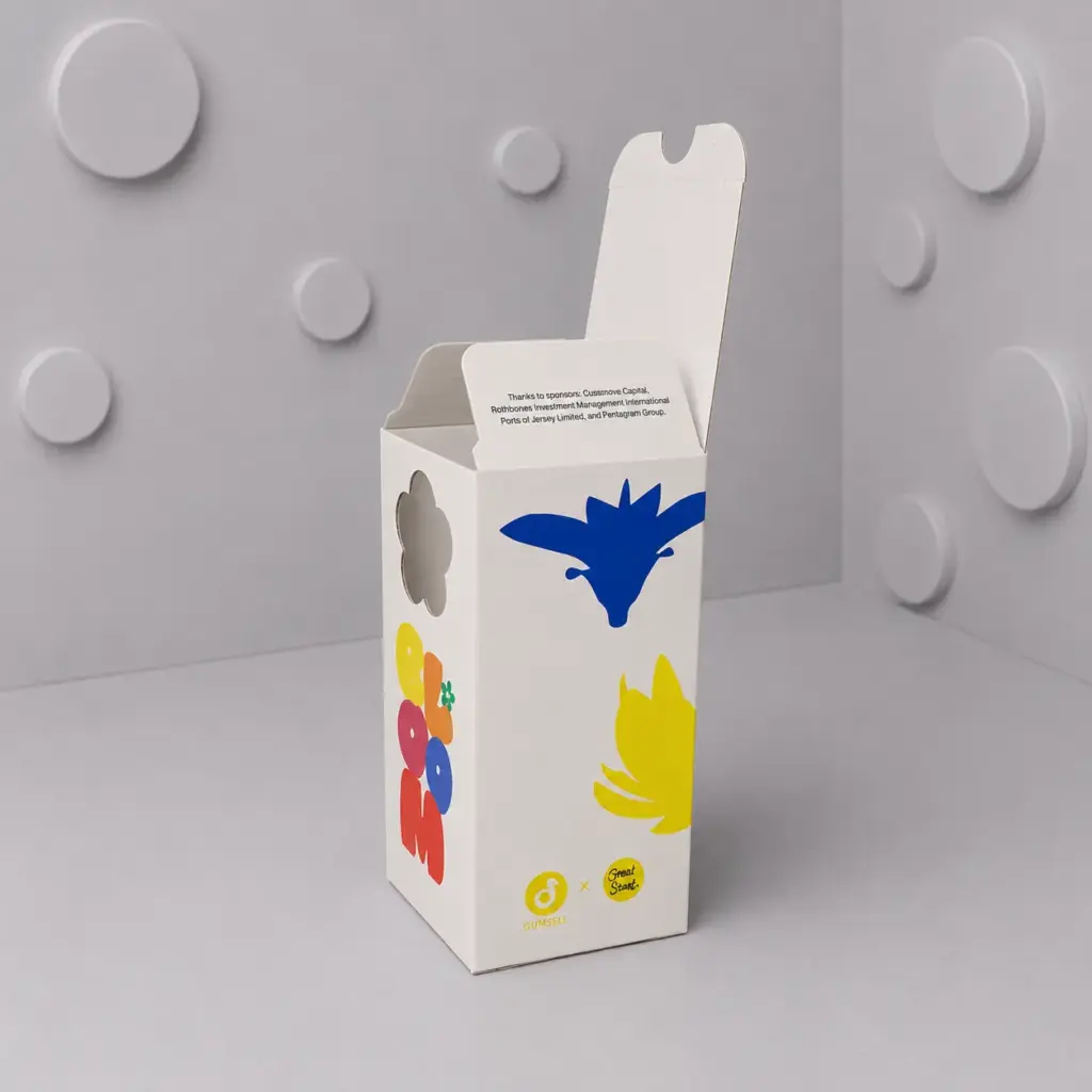 Open custom printed box with flower window and folding flaps