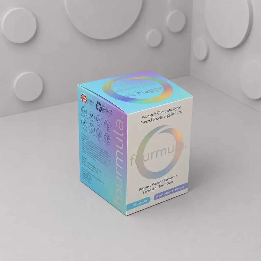 Premium supplement packaging box with holographic logo and iridescent printing