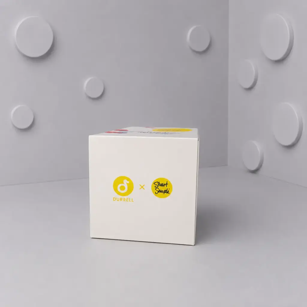Closed rectangular printed box with yellow logos on front