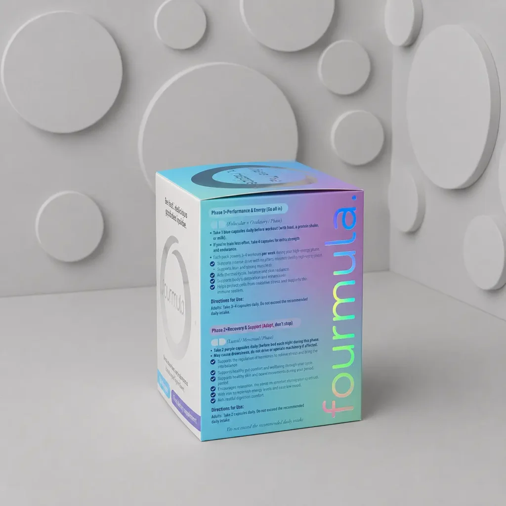 Custom supplement box with holographic finish shown from side angle