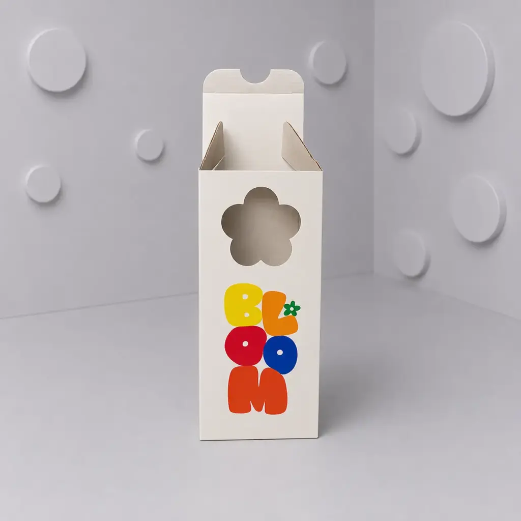 Open custom printed display box with colourful abstract graphics