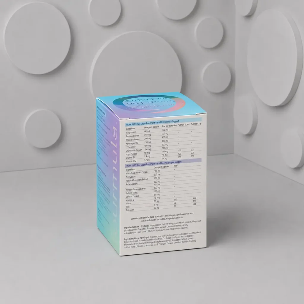 Custom supplement packaging box showing detailed ingredients panel and holographic print
