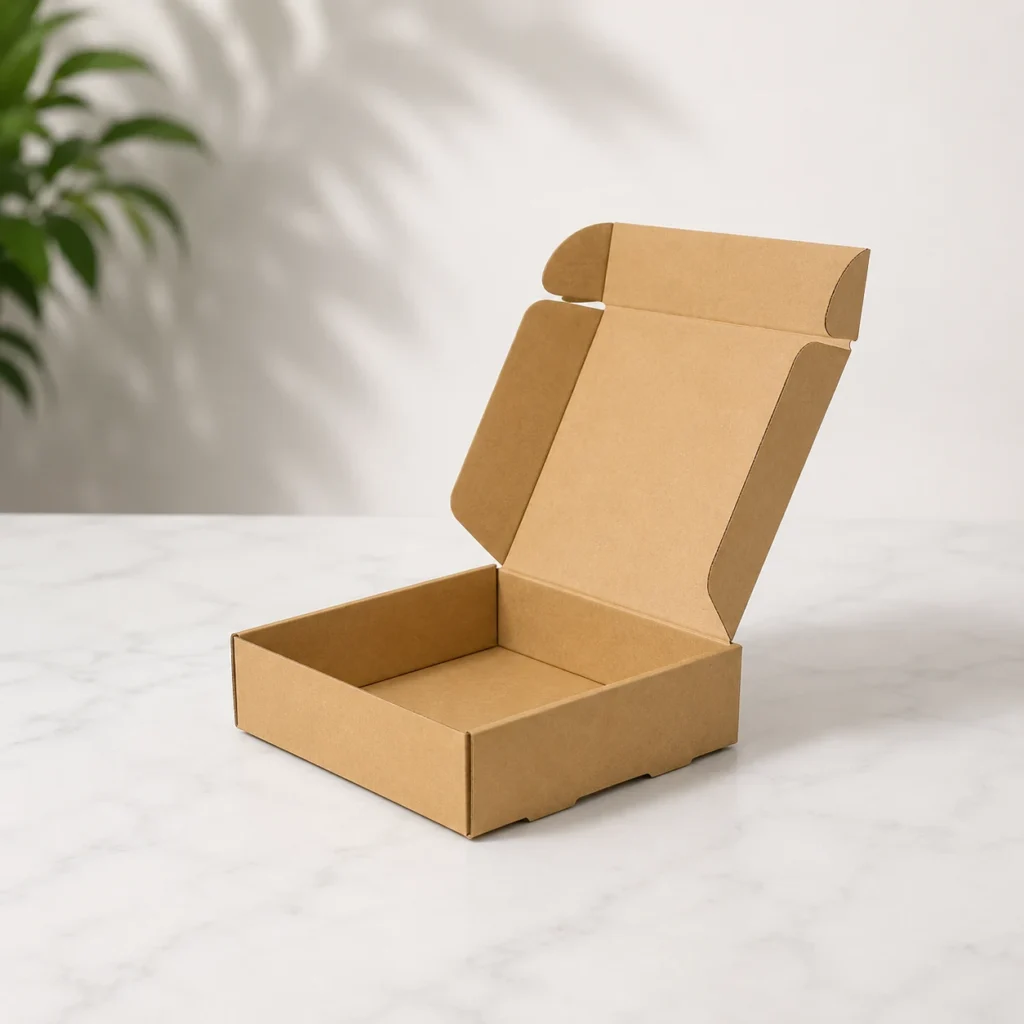 Empty kraft mailer box shown open from side angle.