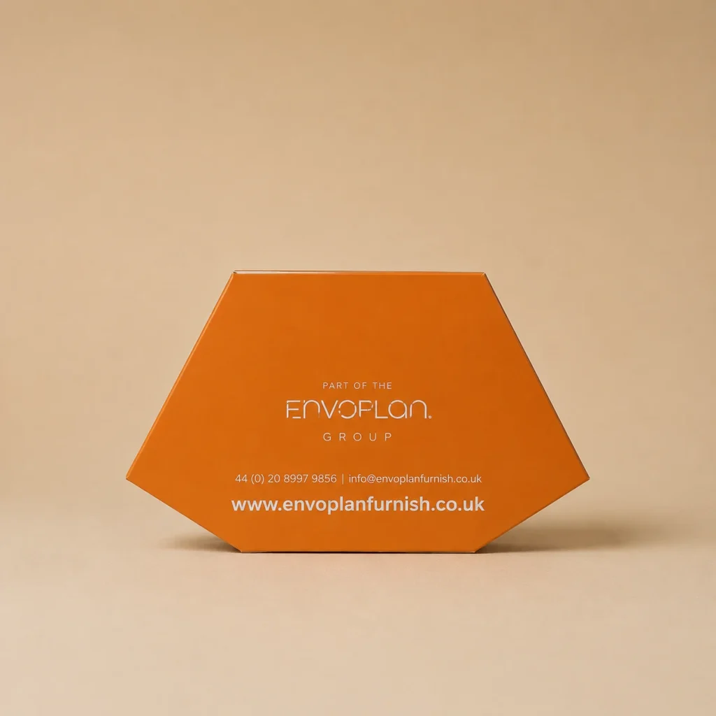 Back view of a custom printed cardboard folder with branding.