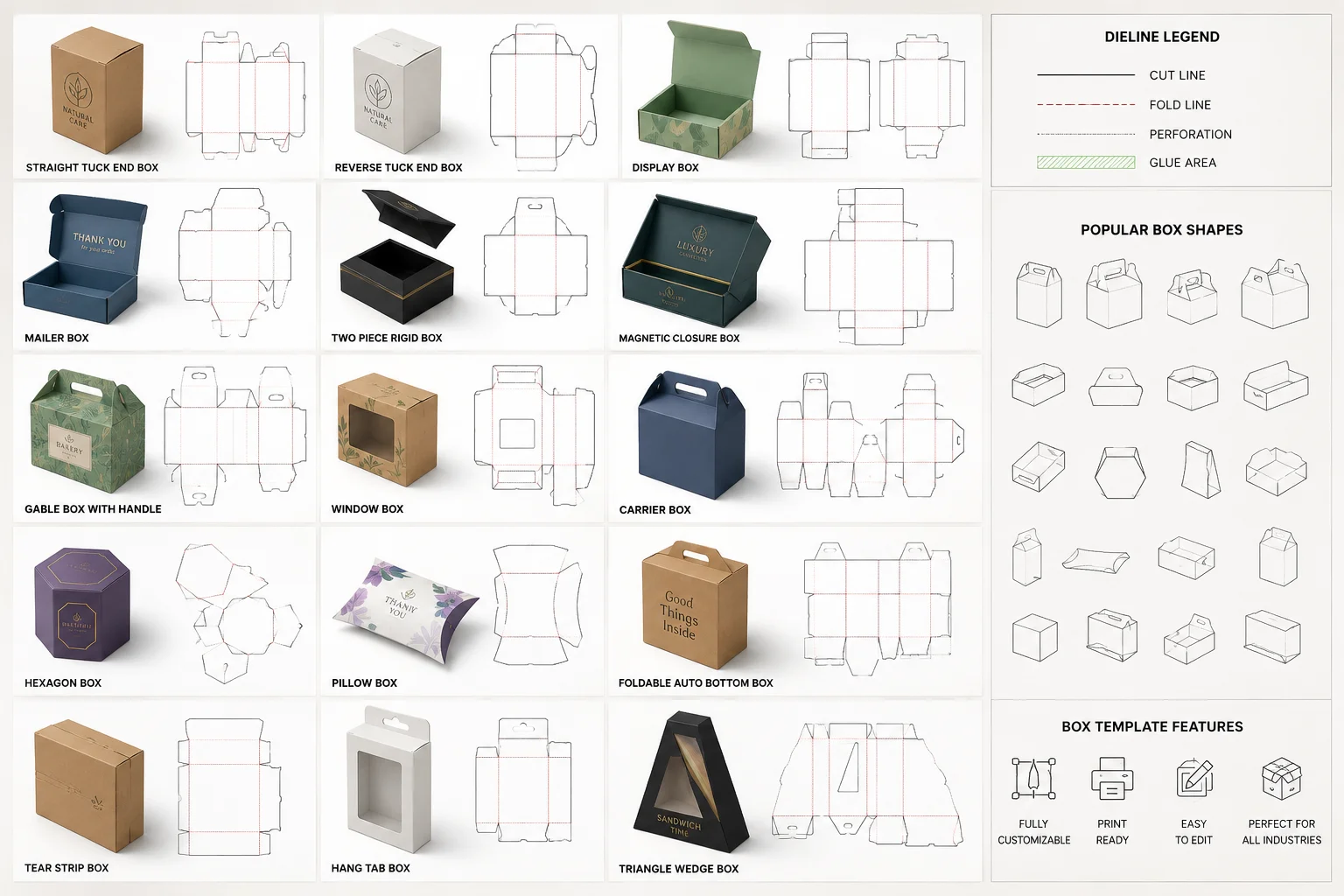 Collection of packaging box templates and dielines