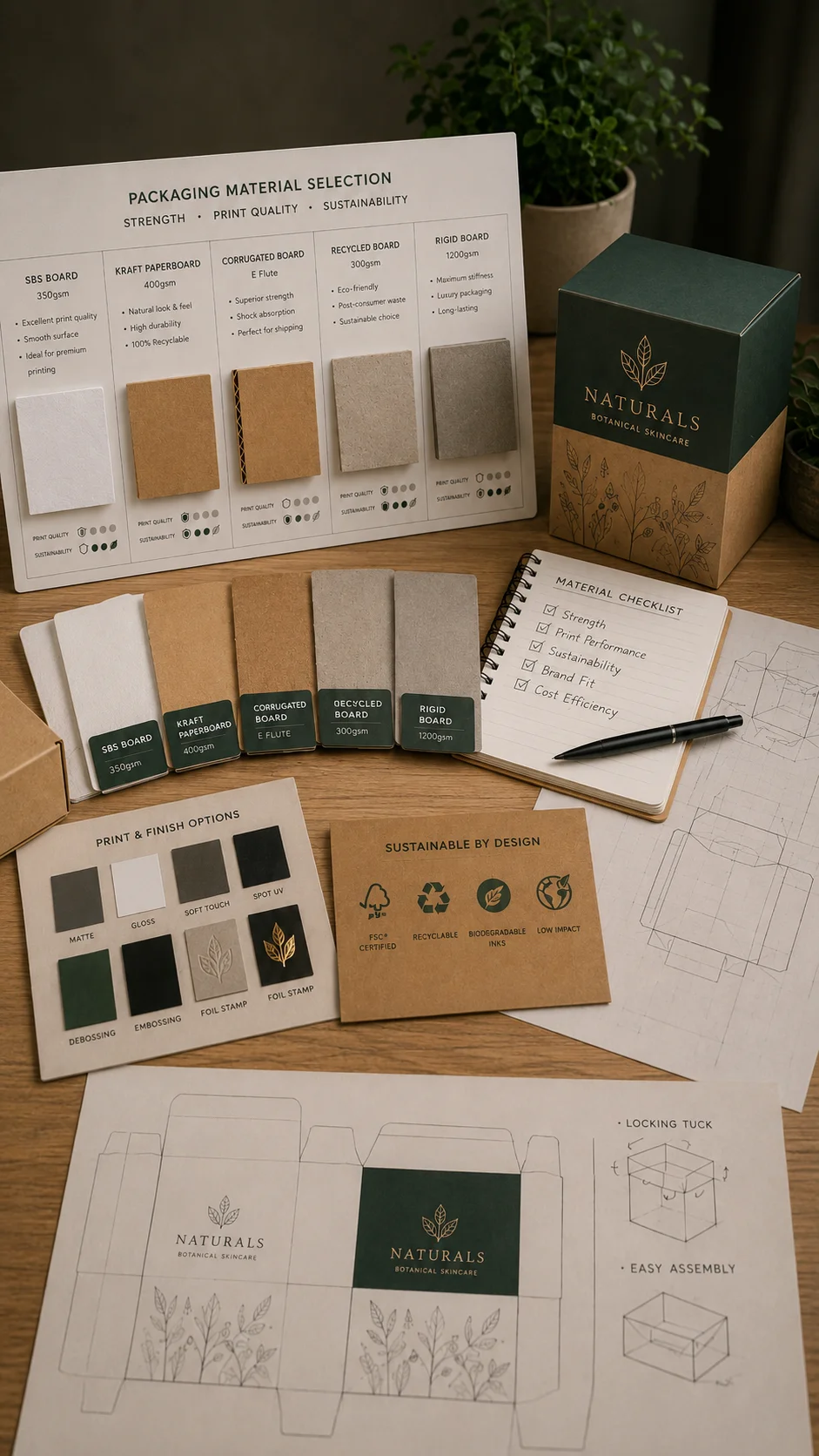 Packaging material samples selected for strength, print quality and sustainability
