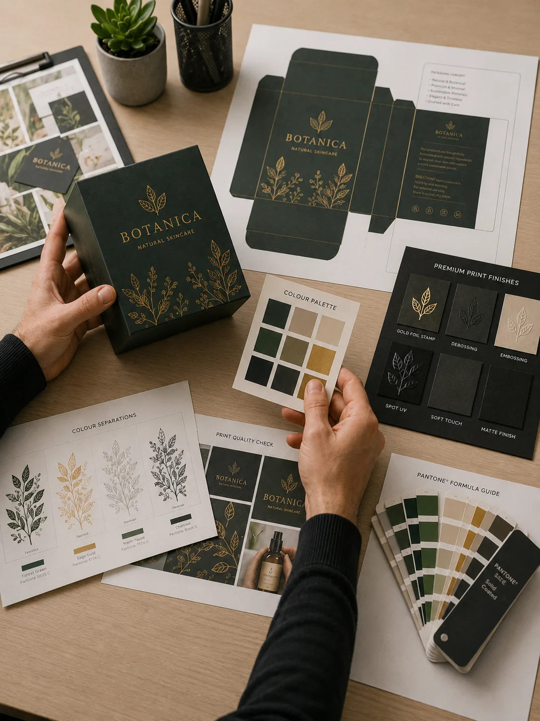 Packaging artwork, colour samples and premium print finishes reviewed before production