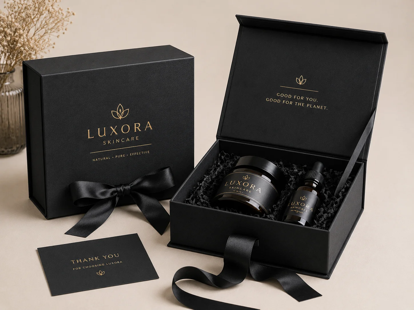 Premium rigid packaging box with ribbon closure