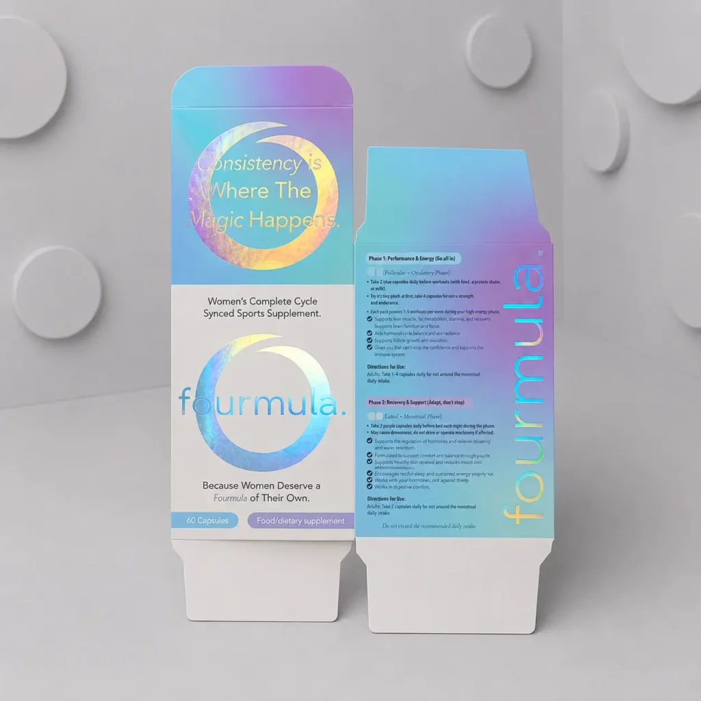 Flat supplement boxes displaying ingredient panels and recyclable packaging details