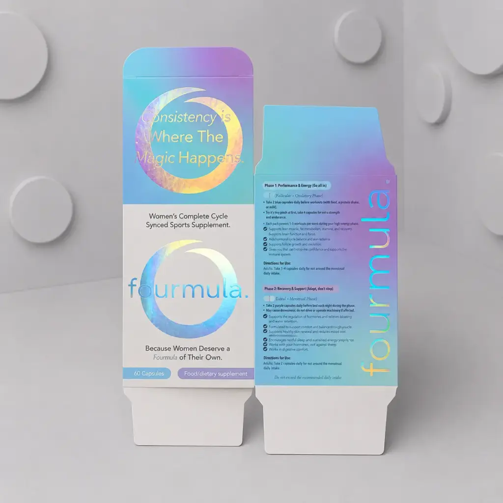 Flat supplement boxes displaying ingredient panels and recyclable packaging details