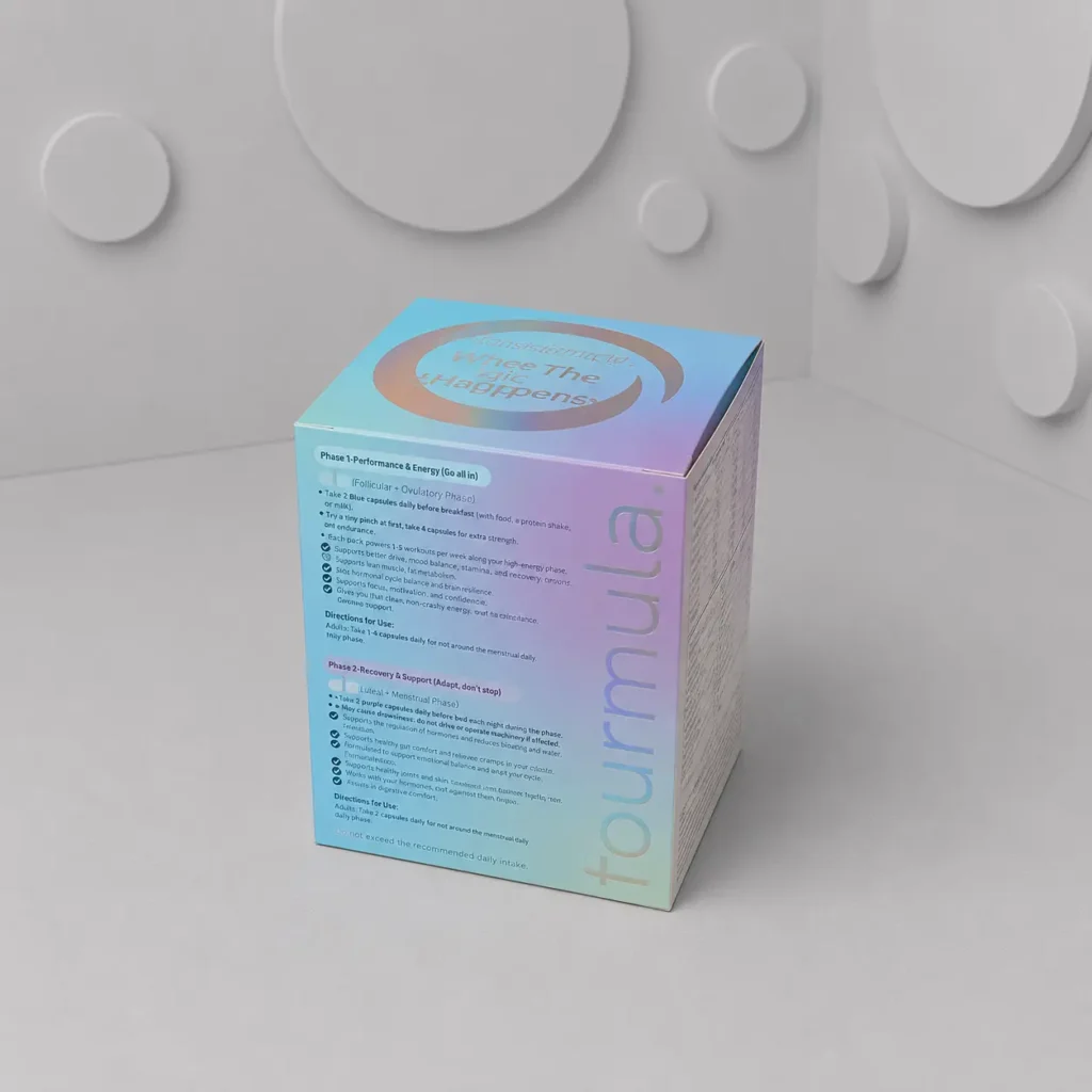 Closed custom supplement box with iridescent printing and branded panels
