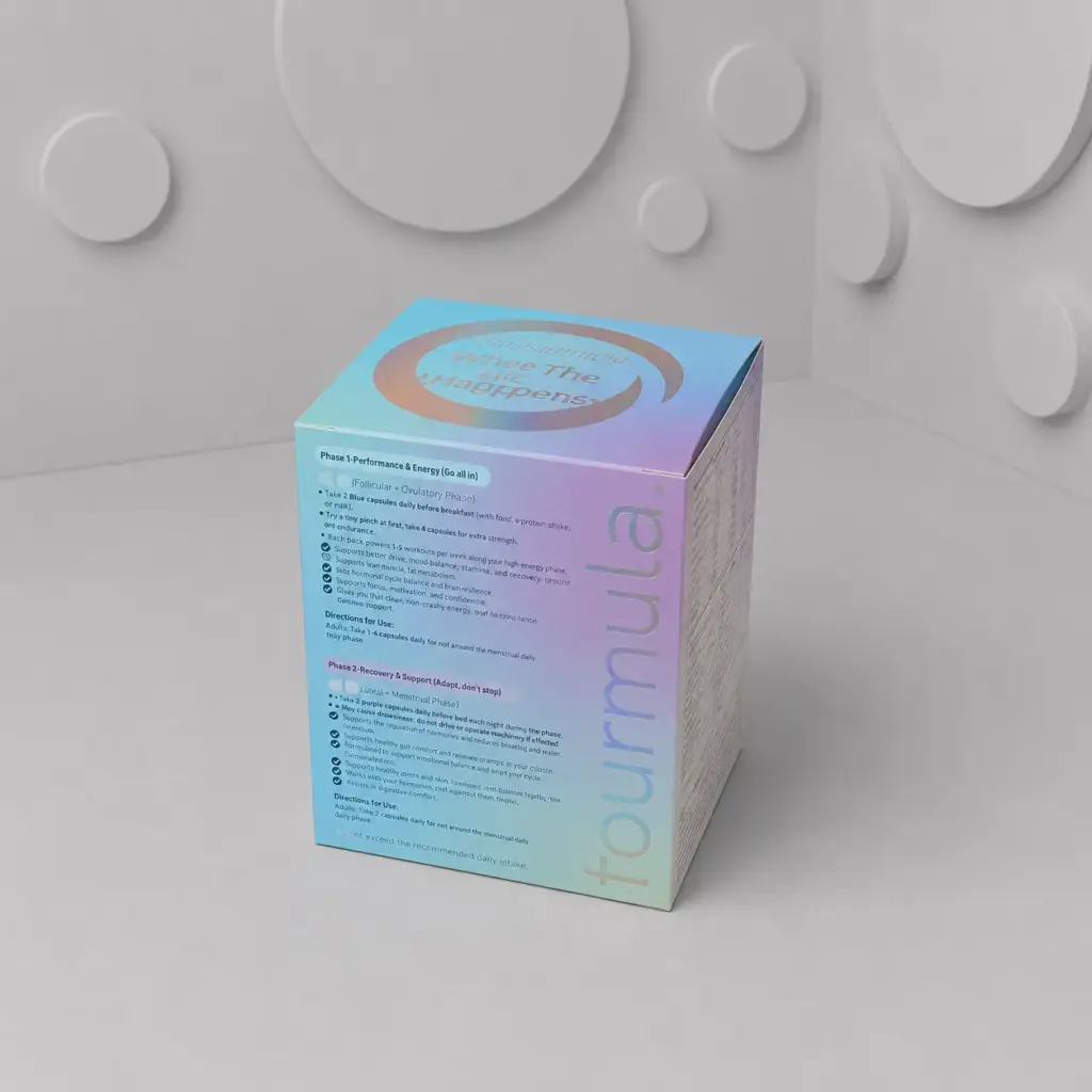 Closed custom supplement box with iridescent printing and branded panels