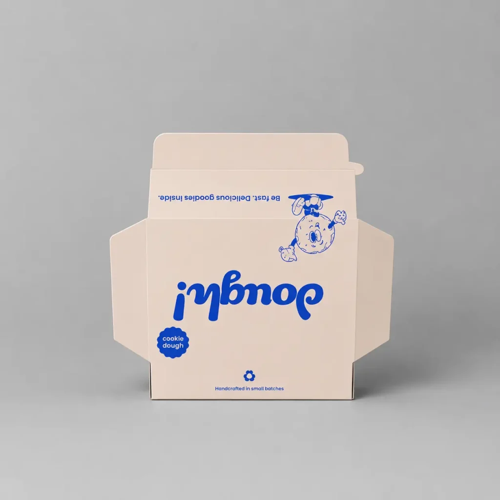 Open cream cookie dough box with custom blue branding