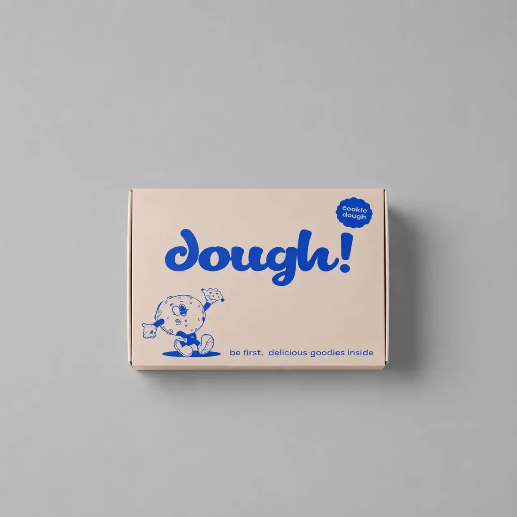 Closed cookie dough packaging box with playful mascot design